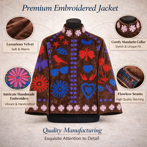 Chaqueta Bomber de Terciopelo Bordada a Mano Personalizada para Mujer, Chaqueta de Boutique con Cuello Alto y Diseño Floral Suzani - Product Image 5