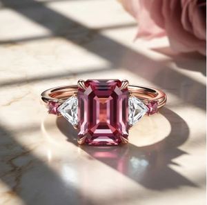 Anillo de Compromiso de Moissanita Rosa con Corte Esmeralda, Chapado en Oro Rosa, Plata de Ley 925, Anillo para Fiesta de Bodas - Product Image 3