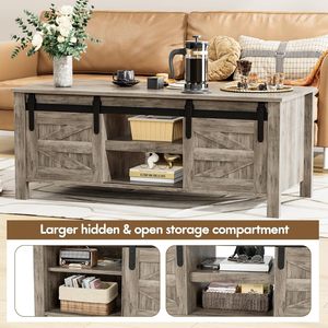 Mesa de Centro Rústica Estilo Granja con Puerta Corredera y Estante de Almacenamiento, Hecha con Madera Sólida para Sala de Estar - Product Image 4