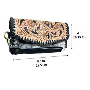 Portefeuille en cuir et peau de vache, fait main par un designer, avec bracelet, grande capacité, pour femme, parfait pour la mode western. - Product Image 2
