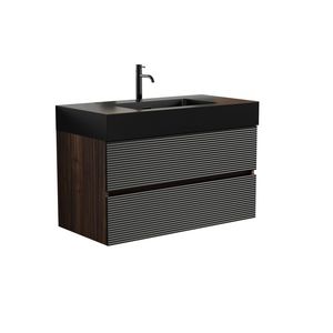 Mobile bagno Grace da 36 pollici in noce con lavabo in quarzo nero opaco, cassetti neri opachi, design sospeso a parete - Product Image 3