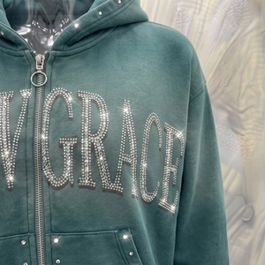 Snowgrace Hooded Zip-Up Sweatshirt <b>Rhinestone</b> Logo Oversized Fit Unisex Winter Style Knitted <b>Fabric</b> Green Color - Product Image 5