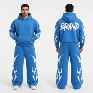 Custom Unisex Streetwear Blue Jogger Sets Heavyweight Oversized Fleece Hoodie Wide Leg Pants Color Block <b>Rhinestone</b> Waterproof - Product Image 1