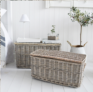 Set of narrow, <b>rectangular</b> honey-toned rattan organizer <b>basket</b> with integrated side cut-out handles,available, at wholesale. - Product Image 3