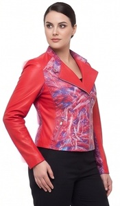 Blouson Moto Asymétrique Coupe Slim en Peau de Mouton Imprimé Floral Rouge pour Femme, Coupe-Vent et Écologique, Vente en Gros - Product Image 4