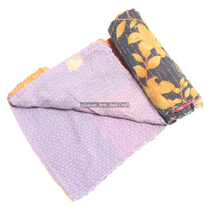 Vintage Kantha <b>Quilt</b> Indian Reversible Hand Stitched Heavy <b>Throw</b> Old Sari Blanket Patch Work Heavy 3 To 5 Layers Kantha - Product Image 6