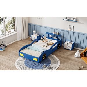 Letto a piattaforma per bambini a forma di auto da corsa blu e giallo in legno, con ruote, per ragazzi - Product Image 3