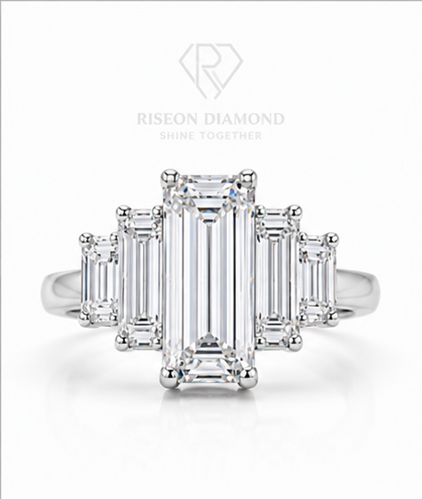 Luxury Emerald Cut Five Stone Diamond Ring 18K White Gold Lab Grown Anniversary Bridal Band Elegant Graduating Step Cut Facet