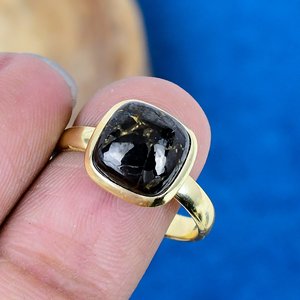 Natural Copper Shungite Square Shape Gemstone <b>Ring</b> 18k <b>Gold</b> Micron Over 925 Sterling Silver - Product Image 3