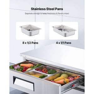 Frigorifero da Lavoro Professionale per Cucina Commerciale 52'' con Base Chef, 2 Cassetti, 8 Vaschette in Acciaio Inox - Product Image 5