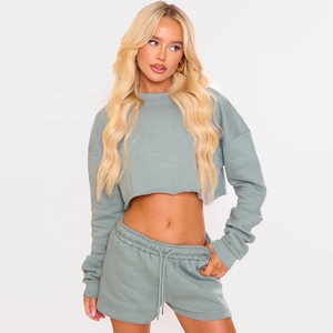 Breathable 100% Cotton <b>Fleece</b> Full Drop Shoulder Long Sleeves Rough Edges Cropped Sweats <b>Women</b> Fashion Customized Sweatshirts - Product Image 1
