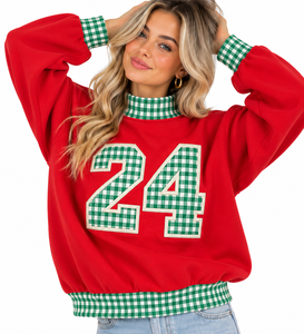 Sudadera OEM de cuello simulado roja para mujer, con patchwork de cuadros verdes y bordado 'Merry Days', de hombro caído, jersey de invierno - Product Image 4