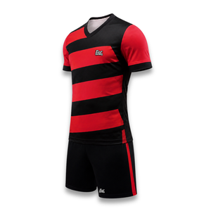 Custom Men's Red Black Striped Soccer Jersey Set V-Neck Short Sleeve Breathable Printed <b>Moisture</b> Wicking Polyester Uniform - Product Image 3