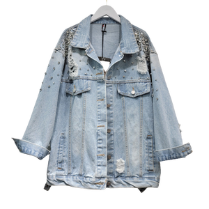 Long Sleeve Lapel Pocket Button Cardigan Women Denim Jacket Beaded <b>Rivet</b> Washed Fashion Ladies Coat Streetwear Outerwear - Product Image 1