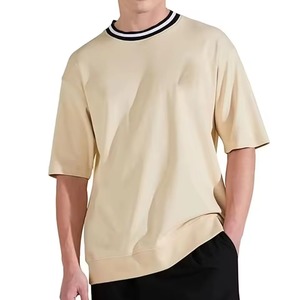 T-shirt en coton de haute qualité pour homme, col côtelé contrastant, col rond, manches courtes, décontracté, tendance, tissu doux et respirant, logo personnalisé - Product Image 5
