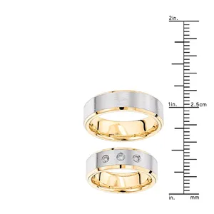 EtherStar 0.10ct 3 <b>Stone</b> Princess Cut Diamond Unisex Wedding Band <b>Two</b> Tone 18K Gold Brushed Beveled Ethnic <b>Ring</b> - Product Image 4