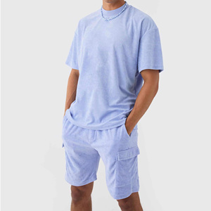 New Arrival Men's Light Blue Cotton Terry T-Shirt Set Crew Neck Solid Color Casual Summer Shorts Breathable Knitted Fabric - Product Image 3