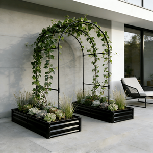 Set di 2 Fioriere da Giardino in Metallo con Traliccio ad Arco, Contenitori per Piante Rampicanti da Esterno, Recinzioni e Cancelli Rialzati - Product Image 1