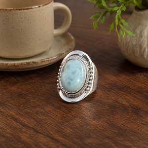 925 Sterling <b>Silver</b> Oval Blue Larimar Gemstone Handmade Boho <b>Statement</b> <b>Ring</b> Rose Gold & Yellow Gold Plated Luxury Jewelry - Product Image 5