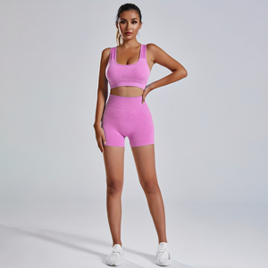 Women Sexy Blue Ribbed Two Piece Workout Set Racerback Crop Top and Scrunch Biker <b>Shorts</b> Flattering Figure Hugging Design - Product Image 1