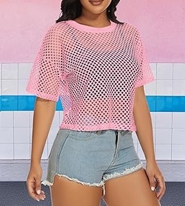 Camiseta de malla rosa de manga corta para mujer con tela transpirable personalizable para uso en exteriores y playa, camisas transparentes de malla de red. - Product Image 3