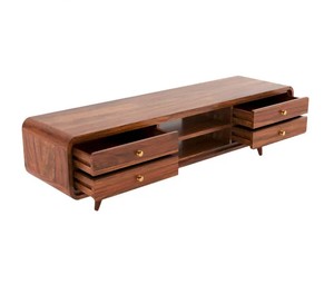 Meuble TV en bois massif à bords incurvés de style moderne du milieu du siècle |   Console multimédia arrondie avec 4 tiroirs |   Exportation de Jodhpur - Product Image 6