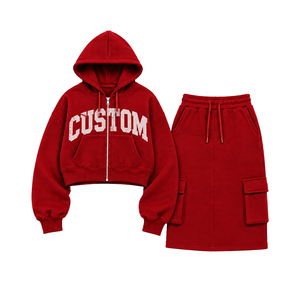 Customized Zip Hoodie & Cargo <b>Midi</b> <b>Skirt</b> Tracksuit Wholesale OEM Distressed Graphic Print Premium Fleece Women's Bulk Casualwear - Product Image 2