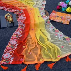 Sari de Georgette Acolchado de Diseño VASTRA COTTAGE con Bordado de Lentejuelas, Sari Ligero para Fiestas con Blusa - Product Image 1