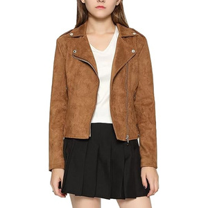 Women's Brown <b>Suede</b> Moto <b>Jacket</b> Turn-down Collar Full Sleeve Zip Closure Autumn Style Sample Service Available - Product Image 3