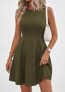 Robe décontractée d'été sans manches à col rond, coupe ajustée trapèze, en maille unie, mini, respirante, pour le travail, les fêtes, en Spandex/Polyester, style streetwear - Product Image 5