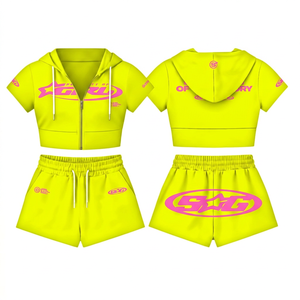 Women's <b>Black</b> Pink Logo Hooded Crop Top Shorts Set Casual Street Wear High Waist <b>Long</b> <b>Sleeves</b> Winter Breathable Knitted - Product Image 2