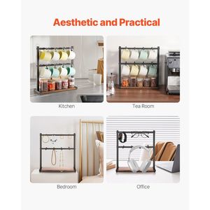 Porta Tazze da Caffè a 16 Ganci per Piano di Lavoro, Espositore a 2 Livelli in Acciaio al Carbonio e Legno, Base per Organizzazione Cucina - Product Image 4