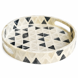 Plateau de service rond en nacre incrustée, mosaïque de coquillages écologique de luxe, plateau décoratif en bois avec motif de poisson à vendre - Product Image 3