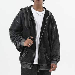 Bobeutou – Sweat à capuche zippé pour homme, délavé à l'acide, style vintage, coupe oversize, décontracté, en coton, avec poches, streetwear - Product Image 4