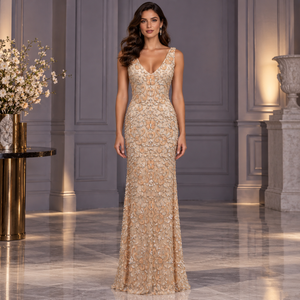 Ornate Beaded Evening <b>Dress</b> Deep V Neck Sleeveless Sheath Silhouette | <b>Gold</b> Floor Length Embellished <b>Formal</b> Party Occasion Gown - Product Image 4