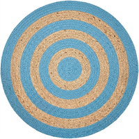 Tapis rond en jute naturel bleu ciel, tressé à la main, motif de cercles concentriques, écologique, tapis de sol d'intérieur, décoration