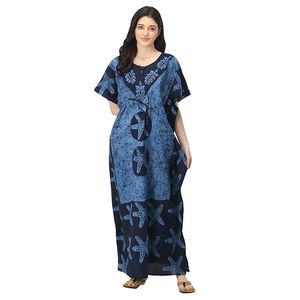 Robe longue imprimée pour femmes, coupe ample, col rond, manches courtes, viscose et coton, vêtements d'été, motif étoile de mer bleue - Product Image 2
