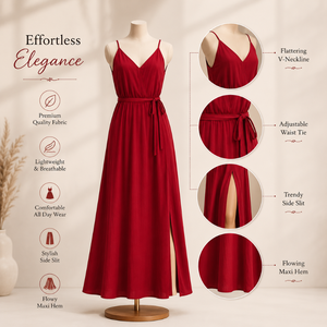 Women's Burgundy Sleeveless Maxi Dress Deep V Neck Side Slit Natural Waist Breathable Elegant Evening Party Cocktail Summer - Product Image 5