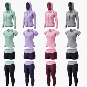 Ensemble de yoga pour femme 5 pièces personnalisé : leggings taille haute, shorts, t-shirt, sweat à capuche zippé, respirant, extensible, pour fitness et sport - Product Image 2