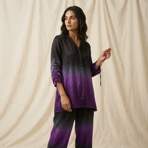 Ensemble Kurta et pantalon pour femme en modal satiné noir et violet dégradé, col en V, coupe décontractée, élégant, décontracté, tenue ethnique - Product Image 5