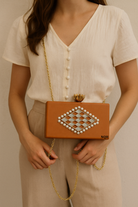 Pochette de plage de luxe en bois et résine, faite à la main, durable, écologique, avec perles et incrustations géométriques, chaîne bandoulière en coton - Product Image 5