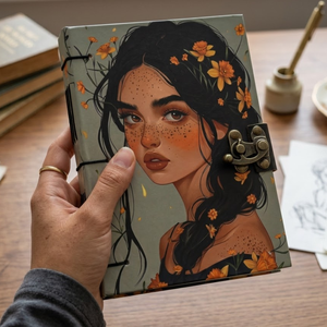 <b>A5</b> Floral Portrait Handmade Paper Journal | Eco Friendly Hardcover Lock Diary <b>Notebook</b> with Artistic Cover Design Gift Set Daily - Product Image 5