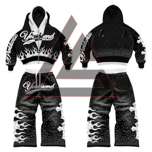OEM Custom Rhinestone Hoodie Men Oversized Cropped Acid Wash Zip up Distressed Vintage Double <b>Belt</b> <b>Trouser</b> and Hoodie Set - Product Image 2