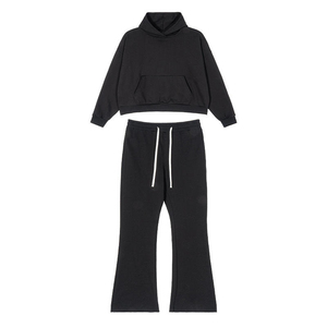 Custom Men Heavyweight Cotton Baggy Sweatshirt Tracksuit Unisex Boxy Cropped Hoodie and Flared Wide Leg <b>Sweatpants</b> <b>Sets</b> - Product Image 1