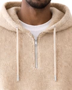 Sudadera con capucha corta de forro polar texturizado beige personalizada, con cremallera de cuarto, dobladillo con cordón ajustable, estilo casual urbano, cálida, con logotipo personalizado - Product Image 5
