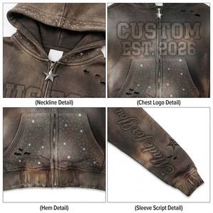 370Gsm Oversized Heavyweight Vintage Sun Faded Zip up <b>Hoodie</b> Distressed Rhinestone Graphic Print Streetwear Men's Hoodies - Product Image 4