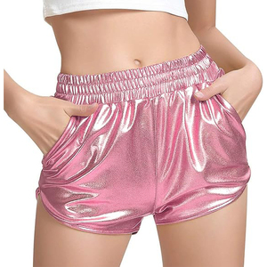 <b>Light</b> Pink Metallic Shorts Women Wide Elastic Smocked Waist No Drawstring Side Pocket Glossy Shiny <b>Rave</b> - Product Image 2
