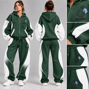 Women's Dark Green <b>White</b> Zip <b>Hoodie</b> Tracksuit Set Color Panel Design Oversized Jogger Pants Streetwear - Product Image 6