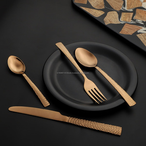 Juego de cubiertos de acero inoxidable martillado de oro rosa, cubiertos de lujo de grado brillante 202/304, cuchara de bebé hecha a mano única, tenedor de té, cuchillo - Product Image 4