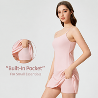 Rok Tenis Musim Panas Wanita dengan Celana Pendek Terintegrasi, Tali Spaghetti Tanpa Punggung, Model A-Line, Rok Olahraga Yoga dari Bahan Nilon Spandex